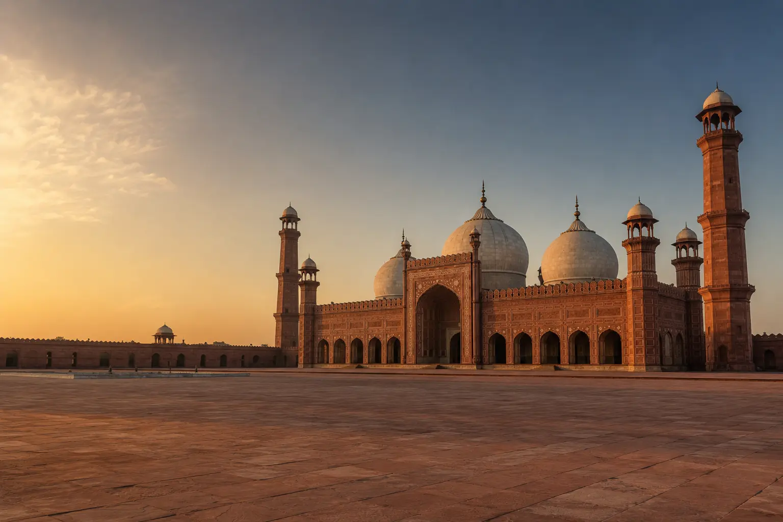 Badshahi Mosque Lahore in a clear, people-free golden-hour view