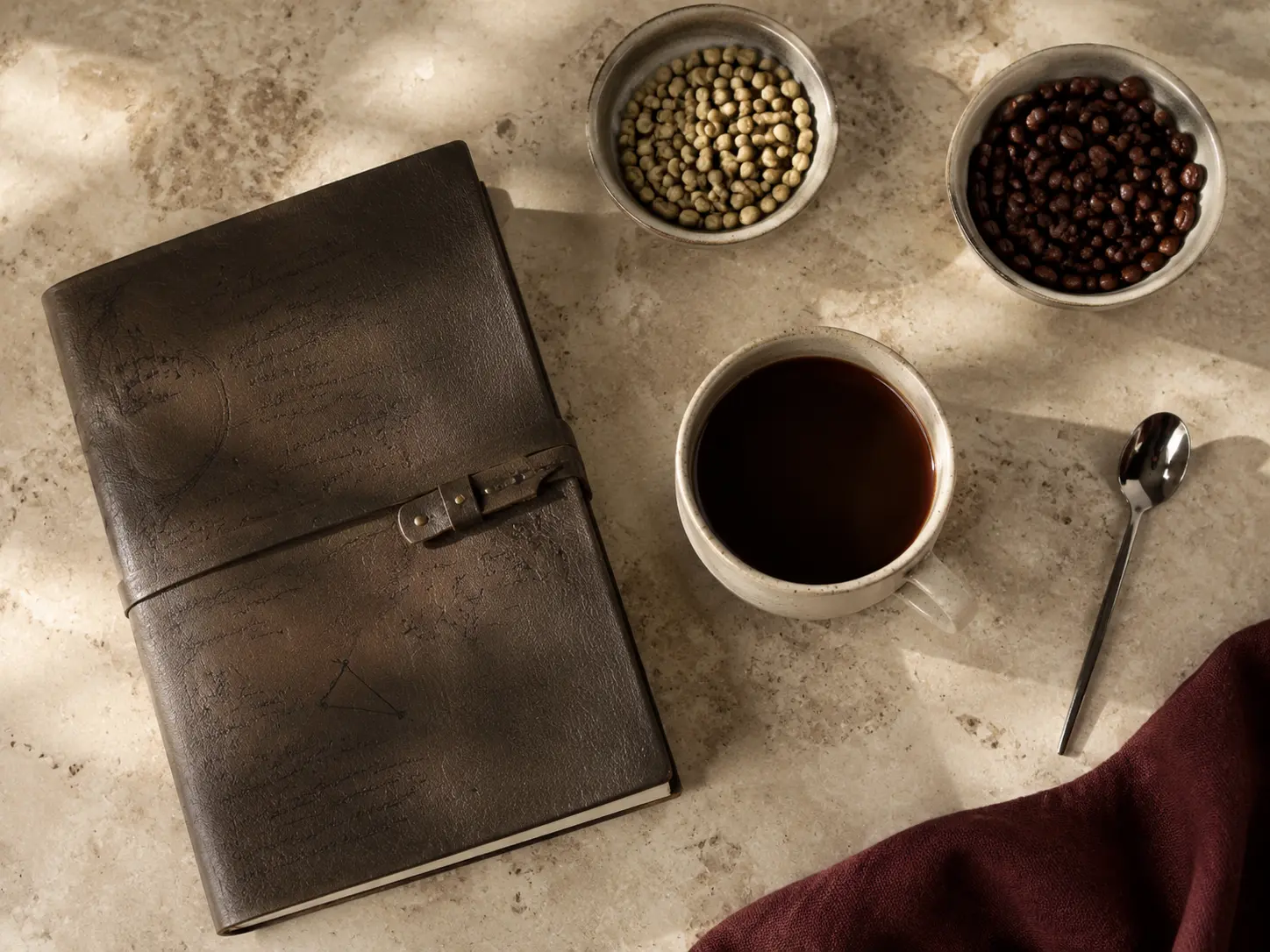 Kaf Coffee founder's tasting journal, cup, spoon and coffee samples