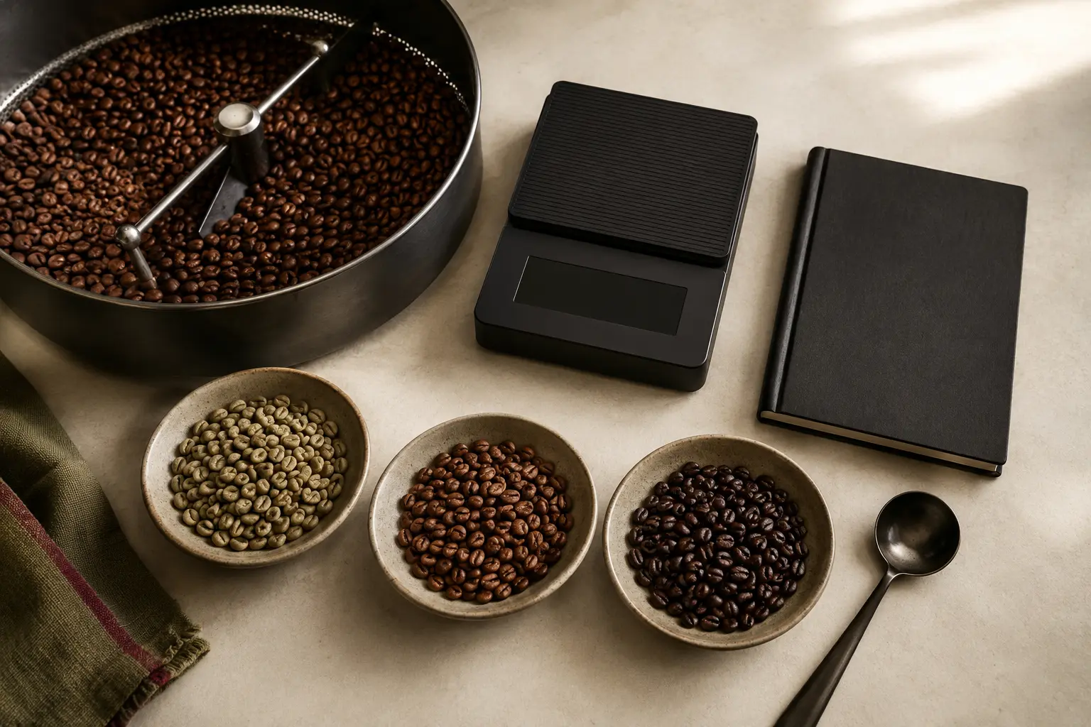 Kaf Coffee roast evaluation from green to dark roasted beans
